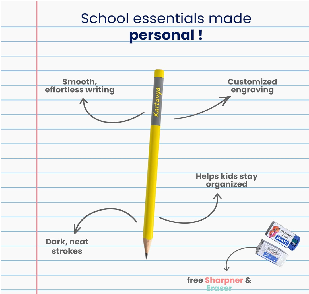 Personalized Name Pencils – Set of 10 | Premium graphite pencils with smooth writing with Free Eraser & Sharpener, Custom Name Engraved HB Pencils for School, Writing, Birthday Gifts & Return Gifts