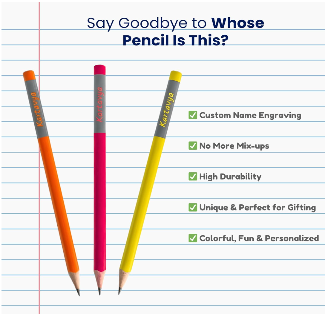 Personalized Name Pencils – Set of 10 | Premium graphite pencils with smooth writing with Free Eraser & Sharpener, Custom Name Engraved HB Pencils for School, Writing, Birthday Gifts & Return Gifts